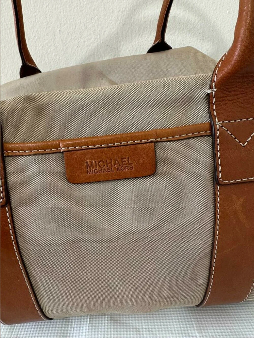 Michael Kors Khaki Canvas Leather Travel Duffle Bag Holdall Carry-On